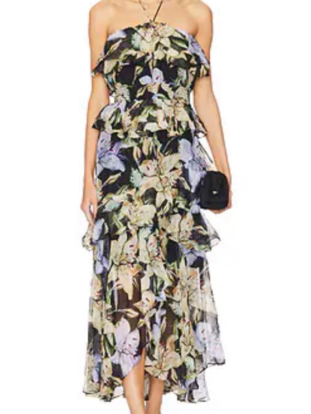 Astr Black Floral Ruffle Midi Dress Size L